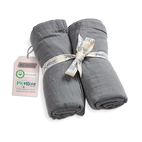 pic Bear Musselin Molton Tücher 80x80cm - Ultra-weiche Multitalente für Babyalltag: Spucktuch, Schmusetuch & mehr - 100% Baumwolle - 2er Pack (Granit) von pic Bear