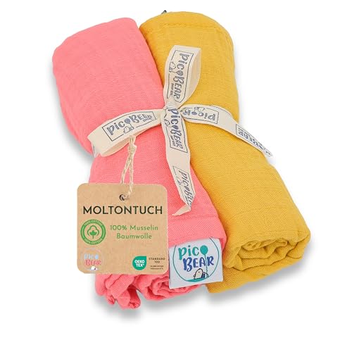 pic Bear Musselin Molton Tücher 80x80cm - Ultra-weiche Multitalente für Babyalltag: Spucktuch, Schmusetuch & mehr - 100% Baumwolle - 2er Pack (Spicy Mustard + Desert Flower) von pic Bear