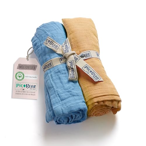 pic Bear Musselin Molton Tücher 80x80cm - Ultra-weiche Multitalente für Babyalltag: Spucktuch, Schmusetuch & mehr - 100% Baumwolle - 2er Pack (airy Blue + Tender Peach) von pic Bear