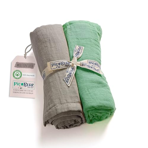 pic Bear Musselin Molton Tücher 80x80cm - Ultra-weiche Multitalente für Babyalltag: Spucktuch, Schmusetuch & mehr - 100% Baumwolle - 2er Pack (grayed Jade + Oyster Mushroom) von pic Bear