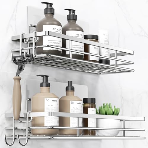 pickpiff Duschablage Ohne Bohren SUS304 Edelstahl 2 Stück Duschregal mit 2 Haken Badregal Bathroom Organizer Shampoo Halterung Für Dusche Selbstklebend von pickpiff