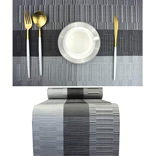 PIGCHCY Elegante Tischsets mit passendem Tischläufer, waschbares, strapazierfähiges Vinyl-Tischset (6 Tischsets + 1 Tischläufer, schwarz) von pigchcy