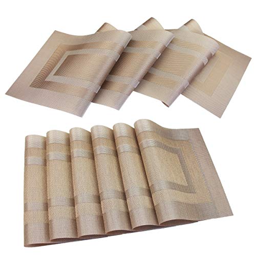 PIGCHCY Tischsets mit passendem Tischläufer, hitzebeständiges, gewebtes Vinyl, waschbar, Tischsets (6 Tischsets + 1 Tischläufer, Champagner) von pigchcy