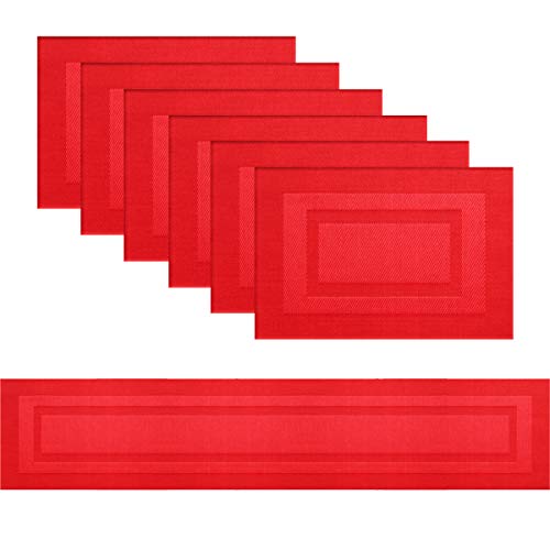 pigchcy Elegante Platzsets und Tischläufer, Wärmedämmung Vinyl Abwischbar Kunststoff Tischsets (6 Stück Platzsets + 1 Stück Tischläufer, Passionate Red) von pigchcy