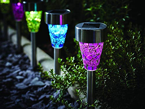 6x LED Solarleuchte Mosaik Solarlampe Garten aus Edelstahl mit Lichtsensor und Erdspiess - Solar Garten Beleuchtung buntstrahlende weiße 360 ° LED - Mosaik Glas 3 Farben von pille gartenwelt