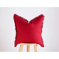 Rotes Dekokissen, Fransenkissen, Leinenkissenbezug, Roter Kissenbezug Mit Roher Kante, Benutzerdefinierter Kissenbezug, Fransenkissenbezüge von pillowlink