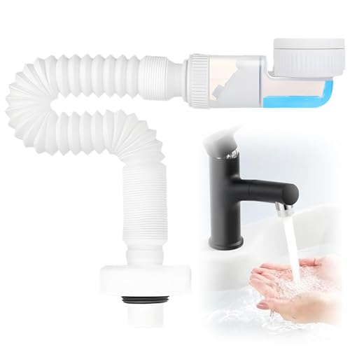 pilyero Raumsparsiphon Waschtisch, Einziehbarer Ablauf, 38-93 Cm, Geruchsabweisend und Platzsparend, Kompatibel mit Waschbecken, Küchen, Verstellbare und Austauschbare Ablaufschläuche von pilyero