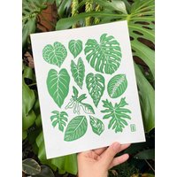 Blätter | Zimmerpflanzen Original Linoldruck Blatt Kunstdruck Handgeschnitzte Pflanzen von pineforestpress