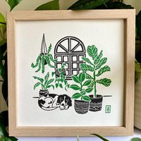 Morgenlicht - Hund | Original Linoldruck Handgeschnitzte Pflanzen von pineforestpress