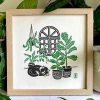 Morgenlicht - Katze | Original Linoldruck Handgeschnitzte Pflanzen von pineforestpress