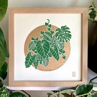 Pflanzensucht #1 | Original Linoldruck in Grün Und Gold Handgeschnitzte Pflanzen von pineforestpress