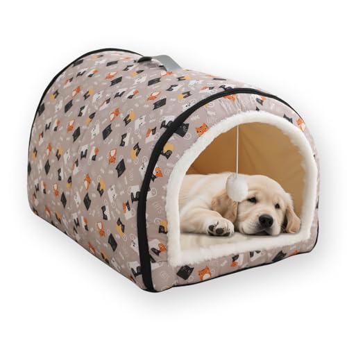 Großes Hundebett, beruhigende Haustierhöhle, warm, gemütlich, rutschfeste Unterseite, Luxus-Hundebett mit weichem, abnehmbarem Kissen, Plüschball, waschbar, Katzenhaus-Matratze (L-55 x 40 x 35 cm, E) von ping bu