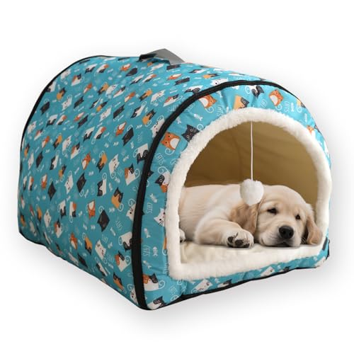 Großes Hundebett, beruhigende Haustierhöhle, warm, gemütlich, rutschfeste Unterseite, Luxus-Hundebett mit weichem, abnehmbarem Kissen, Plüschball, waschbar, Katzenhaus-Matratze (L-55 x 40 x 35 cm, F) von ping bu
