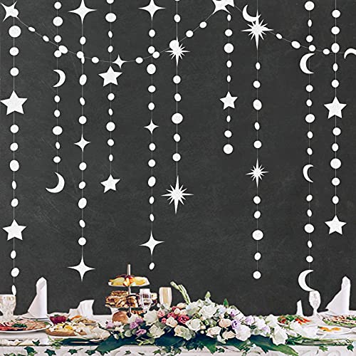 52Ft White Star Moon Circle Dot Girlande Party Dekoration Hanging Crescent Twinkle Little Star Streamer Wimpelkette Banner für Hochzeit, Verlobung, Brautparty, Kindergeburtstag, Babyparty-Dekoration von PinkBlume