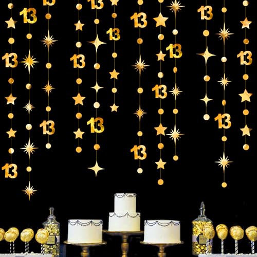 Goldene Dekoration zum 13. Geburtstag, Zahl 13, Kreis, Punkte, funkelnd, Sterngirlande, Metallic, hängende Luftschlangen, Wimpelkette, Banner, Hintergrund, Mädchen, Jungen, 13 Jahre alt, Geburtstag, von pinkblume