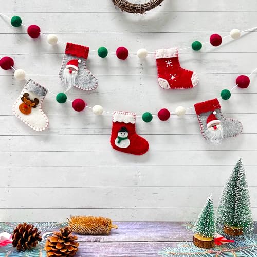 Wollfilz Weihnachtsdekorationen Clearance Girlande Weihnachtsstrümpfe Stiefel Banner Rot Grün Weiß Filzbälle Pom Pom Girlande Wimpelkette für Weihnachtsbaum Wand Zuhause Kamin Fenster Party Decor von pinkblume