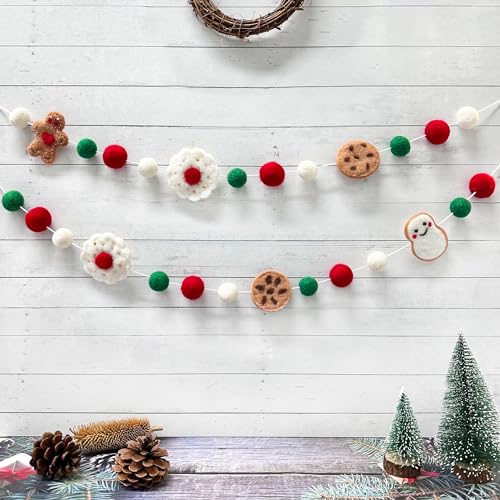 Wollfilz Weihnachtsdekorationen Clearance Girlande rot grün weiß Wollfilz Kugeln Pom Pom Girlande Lebkuchenmann Schneemann Banner Wimpelkette für Weihnachten Zuhause Kamin Fenster Innen Außen von pinkblume