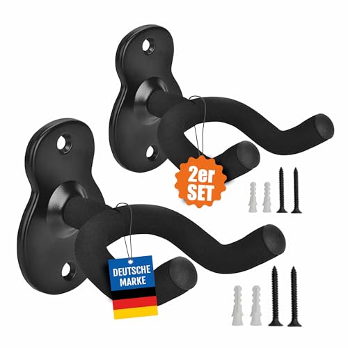 pixly® Gitarren Wandhalter aus Metall; Gitarrenhalter Gitarrenständer Halterung mit EVA-Schutz für Akustik E-Gitarre Bass Ukulele; Wandhalterung mit Schrauben & Dübel platzsparend & sicher (2er Set) von pixly