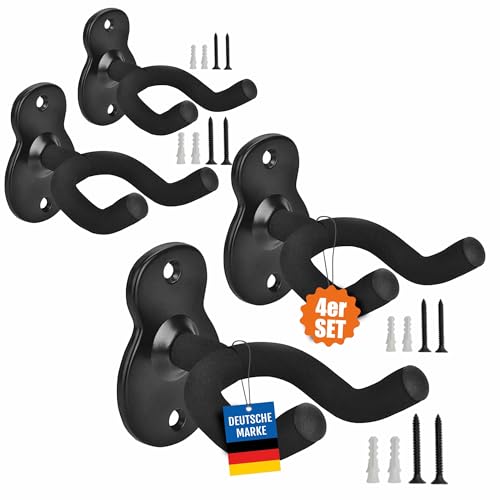 pixly® 4 Stück Gitarren Wandhalter aus Metall; Gitarrenhalter Gitarrenständer Halterung mit EVA-Schutz für Akustik E-Gitarre Bass Ukulele; Wandhalterung mit Schrauben & Dübel platzsparend & sicher von pixly