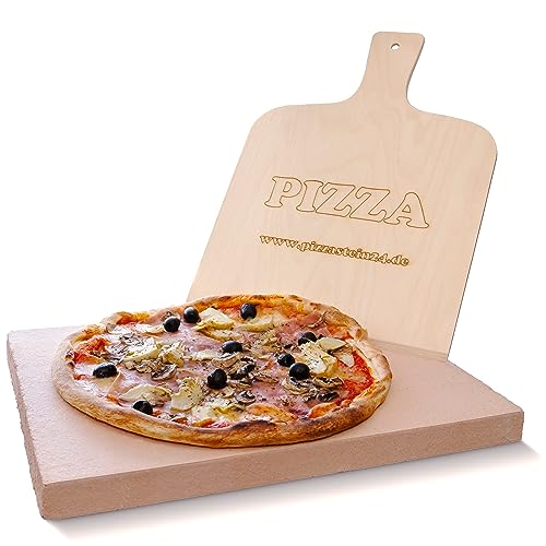 PIZZASTEIN - BROTBACKSTEIN Set, extra dicker lebensmittelechter Schamottestein eckig 40 x 30 x 3 cm mit Pizzaschaufel - für Backofen und Grill - Pizza und Brot wie aus dem Steinbackofen von pizzastein24