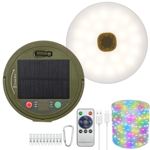 plainshe 10m Solar Camping Lichterkette Aufrollbar, USB Wiederaufladbar, 1800mAh, 8 Beleuchtungsmodi, IP44 Spritzwassergeschützt und Verstaubar Tragbar für Camping, Zelte (RGB/Solar and Usb Charge) von plainshe