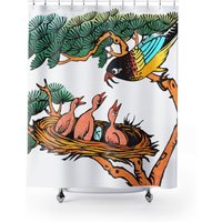 Thai Tattoo Design Duschvorhang "Bird Family On The Branch' Neu Retro Perfektes Badezimmer Dekor 71" X 74" Unikat Geschenk von planBmarket