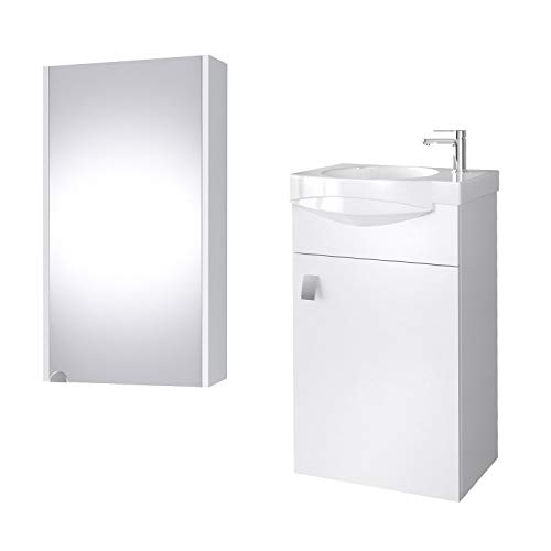 Planetmöbel Badmöbel Set Gäste WC Waschtischunterschrank Keramikwaschbecken Spiegelschrank 40cm (Weiß) von Planetmöbel