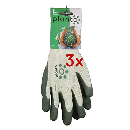 planto Gartenhandschuhe Active Grip, Gr. 10, grün Profi Arbeitshandschuhe m. griffiger und robuster Latexbeschichtung auf weichem Strickhandschuh, Baumwollhandschuh (3 Paar) von planto