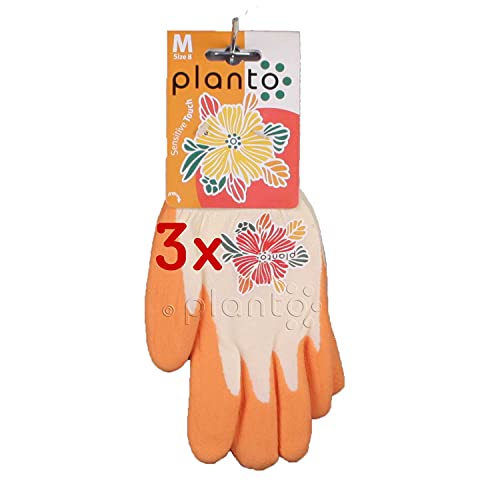 planto Gartenhandschuhe Sensitive Touch Latex Arbeitshandschuhe, Gr. 8 (M) orange, sitzen wie eine zweite Haut, leicht, angenehm, wasserdichte Latexbeschichtung an der Innenfläche (3 Paar) von planto