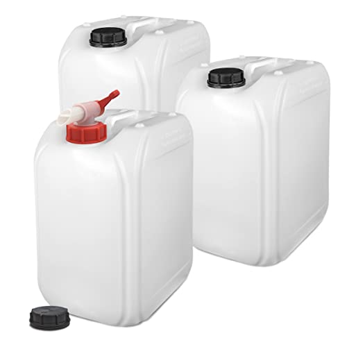 plasteo® 3 x 25 Liter Getränke- Wasserkanister Natur | mit 1 Hahn und 3 Schraubdeckel (DIN 61) | Lebensmittelecht | Tragbar | Indoor und Outdoor | BPA Frei von plasteo