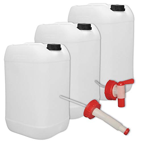 plasteo® 3er Stück Set: 25 Liter Getränke- Wasserkanister Natur mit Hahn, Schraubdeckel und flexiblem Ausgießer (DIN 61) | Lebensmittelecht | Tragbar | Indoor und Outdoor | BPA Frei von plasteo