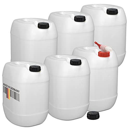 plasteo® 6er Set: 30 Liter Getränke- Wasserkanister Natur mit Schraubdeckeln und 1 Ausgießhahn (DIN 61) | Lebensmittelecht | Tragbar und Robust | Indoor und Outdoor | BPA Frei | Made in Germany von plasteo