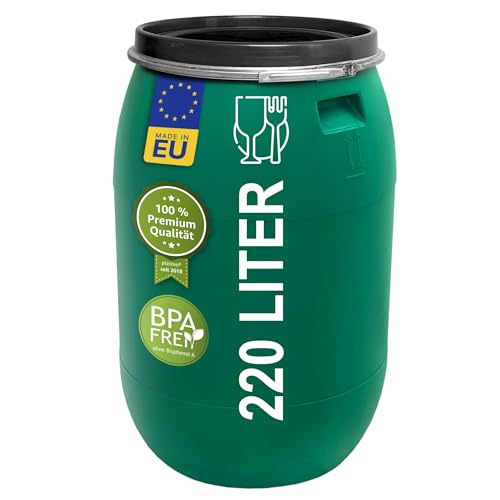 Das Plasteo® 220 Liter Weithalsfass mit Deckel und Spannring, HDPE, BPA-Frei, lebensmittelecht, vielseitig verwendbar als Lebensmittelfass, Futtertonne, Regentonne (Grün mit Spannring) von plasteo