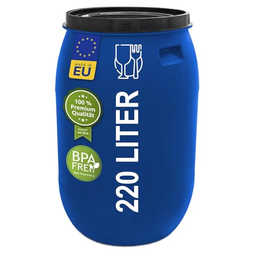 Das Plasteo® 220 Liter Weithalsfass mit Stülpdeckel, HDPE, BPA-Frei, lebensmittelecht, vielseitig verwendbar als Lebensmittelfass, Futtertonne, Regentonne (Blau) von plasteo