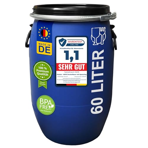 plasteo® 60 L Weithalsfass mit Spannverschluss | Lebensmittelecht | Universalfass | Futtertonne | Regen Maische Tierfutter Trinkwasser Camping Lagerfass | Stapelbar | Blau von plasteo