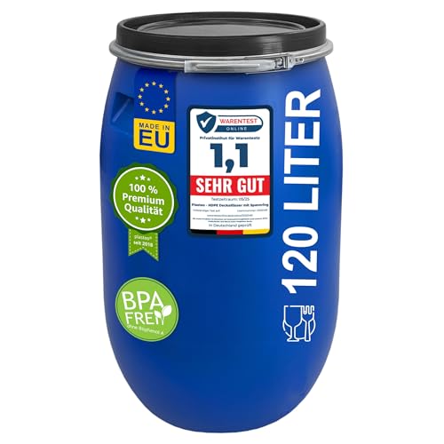 plasteo® 120 Liter Weithalsfass mit Deckel und Spannring Futtertonne Kunststofffass Universalfass Deckelfass Lebensmittelecht Wasserfass Regentonne Lagerfass | Stabile Griffmulden | Blau von plasteo