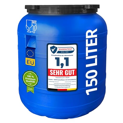 plasteo® 150 Liter Weithalsfass mit Schraubdeckel Futtertonne Kunststofffass Universalfass Deckelfass Lebensmittelecht Wasserfass Regentonne Lagerfass | Stabile Griffmulden | Blau von plasteo