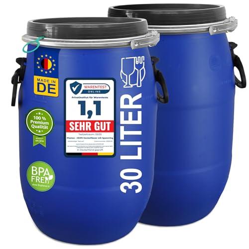 plasteo® 2 Stück 30 Liter Deckelfass lebensmittelecht FDA-Zulassung UN-Zulassung IKG Gütezeichen Kunststofffass Weithalsfass Universalfass Luftdicht verschließbar stapelbar von plasteo