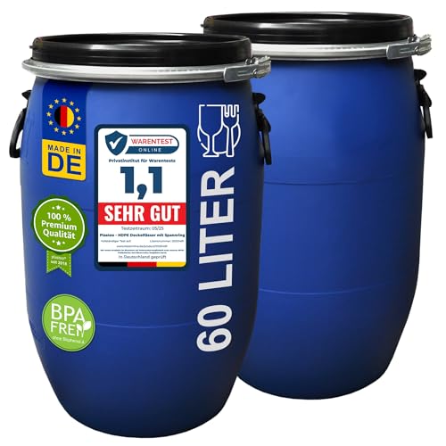 plasteo® 2X 60 Liter Deckelfass Lebensmittelecht Weithalsfass mit Spannverschluss | Futtertonne | Universalfass | Lagerfass | Campingfass | Transportfass | Regenfass | Stapelbar | Blau von plasteo