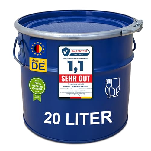 plasteo® 20 Liter Stahlfass Hobbock Deckelfass | Zyklon Absaugung Geeignet | UN-Zulassung | Made in DE | lebensmittelecht | 2 Griffe | Stabil Stapelbar von plasteo