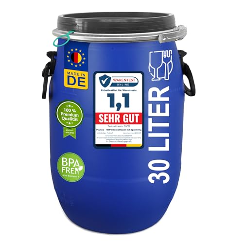 plasteo® 30 Liter Deckelfass Lebensmittelecht FDA-zugelassen Kunststofffass Weithalsfass Universalfass Futtertonne | Luftdicht Verschließbar | Stapelbar und Palettengerecht | Gefahrgutzulassung von plasteo