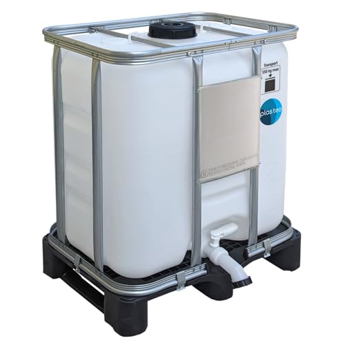 plasteo® 300 Liter IBC- Behälter Tank Wassertank Container NEU Regentonne Regenwassertank mit PE-Palette | Made in DE | UN-Zulassung | Lebensmittelecht von plasteo