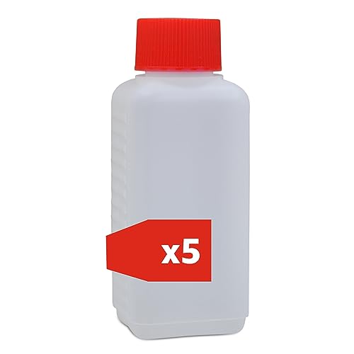 plasteo® 5X 100 ml HDPE Kunststoffflasche Leerflasche Vierkantflasche Plastikflasche Enghalsflasche Abfüllflasche mit rotem Schraubverschluss | Made in Germany | Lebensmittelecht (5) von plasteo