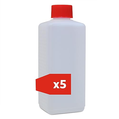 plasteo® 5x 250 ml HDPE Kunststoffflasche Leerflasche Vierkantflasche Plastikflasche Enghalsflasche Abfüllflasche mit rotem Schraubverschluss | Made in Germany | Lebensmittelecht von plasteo