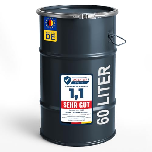 plasteo® 60 Liter Stahlfass Hobbock Deckelfass Stahlbehälter | Anthrazitgrau | UN-Zulassung | Made in DE | Lagerung Transport und Aufbewahrung | Robust Stabil | Luftdicht verschließbar von plasteo