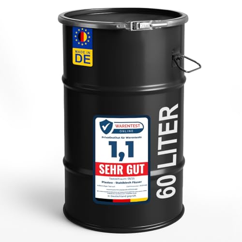 plasteo® 60 Liter Stahlfass Hobbock Deckelfass Stahlbehälter | Tiefschwarz | UN-Zulassung | Made in DE | Lagerung Transport und Aufbewahrung | Robust Stabil | Luftdicht verschließbar von plasteo