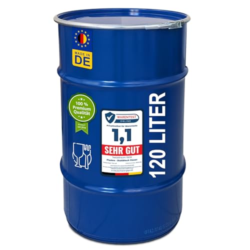 plasteo® 120 Liter Stahlfass Hobbock Deckelfass | Lebensmittelecht | UN-Zulassung | Made in DE | 2 Patentfallgriffe | Mülleimer Behälter Mistkübel | Transport und Aufbewahrung | Robust und Stabil von plasteo