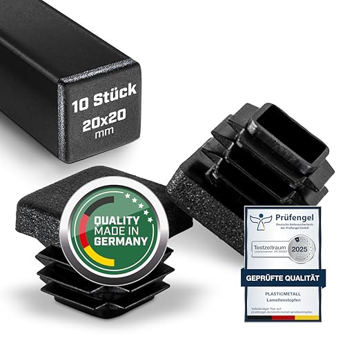Plasticmetall Lamellenstopfen 20x20 mm aus PE 10 STK. [FUNKENEROSION-Struktur] Rohrstopfen für Aluprofil, Vierkantrohr, zur Rohrabdeckung von Edelstahlrohr, Alurohr, Stuhlbeinkappen, Endkappen, Kappe von plasticmetall