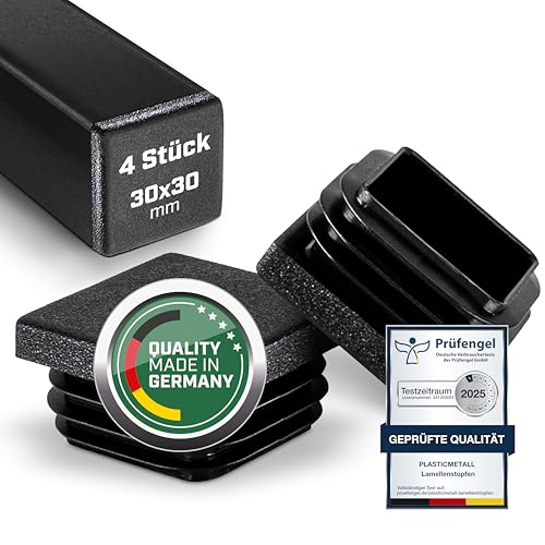 Plasticmetall Lamellenstopfen 30x30 mm aus PE 4 STK. [FUNKENEROSION-Struktur] Rohrstopfen für Aluprofil, Vierkantrohr, zur Rohrabdeckung von Edelstahlrohr, Alurohr, Stuhlbeinkappen, Endkappen, Kappe von plasticmetall