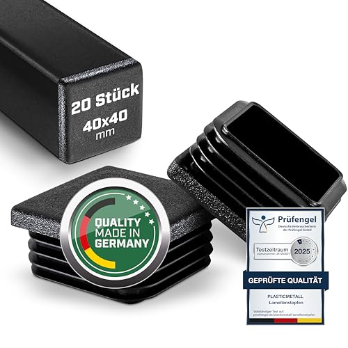Plasticmetall Lamellenstopfen 40x40 mm aus PE 20 STK. [FUNKENEROSION-Struktur] Rohrstopfen für Aluprofil, Vierkantrohr, zur Rohrabdeckung von Edelstahlrohr, Alurohr, Stuhlbeinkappen, Endkappen, Kappe von plasticmetall